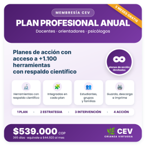 Plan Profesional Anual Membresía CEV: planes de acción ilimitados con acceso a más de 1.100 herramientas con respaldo científico, $539.000 por 365 días